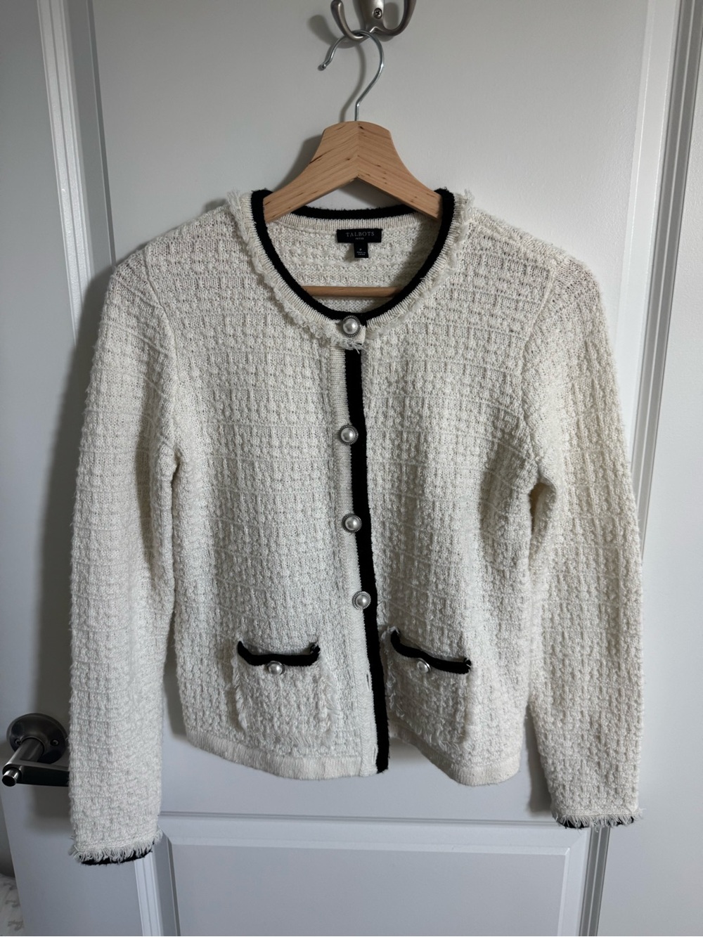 Talbots Runway Inspired Ivory Bouclé Cardigan with Black Trim and Pearl Buttons